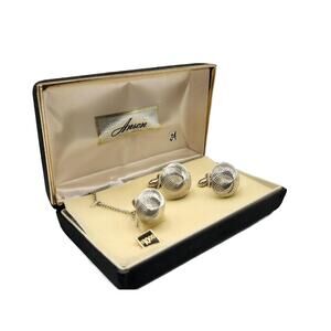 Vintage Anson Swirled Dome Silver Cufflink and Tie Clip Set, NEW OLD STOCK
